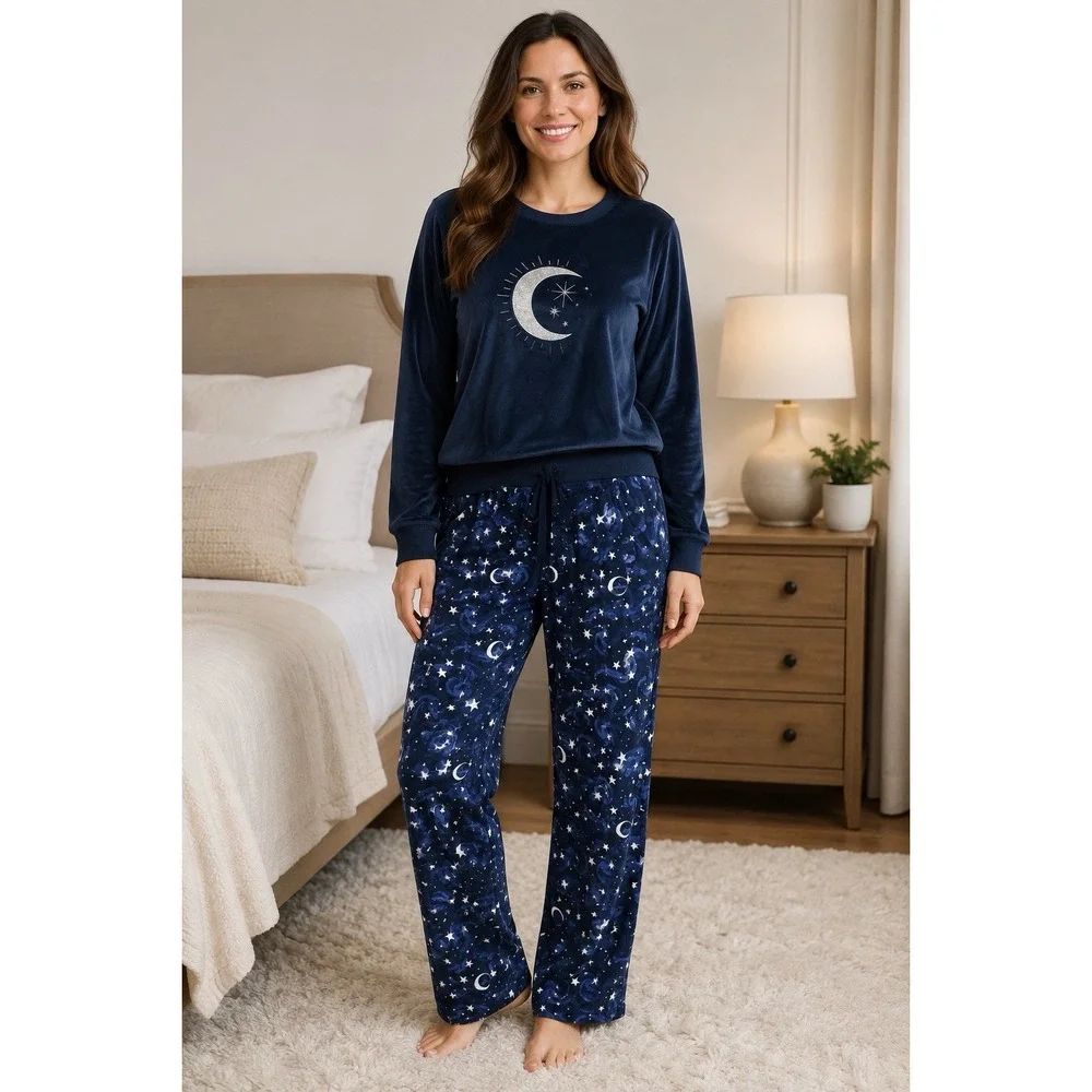 Croft & Barrow Women's M Navy Velour Moon Stars 2 Piece Pajama Set Celestial